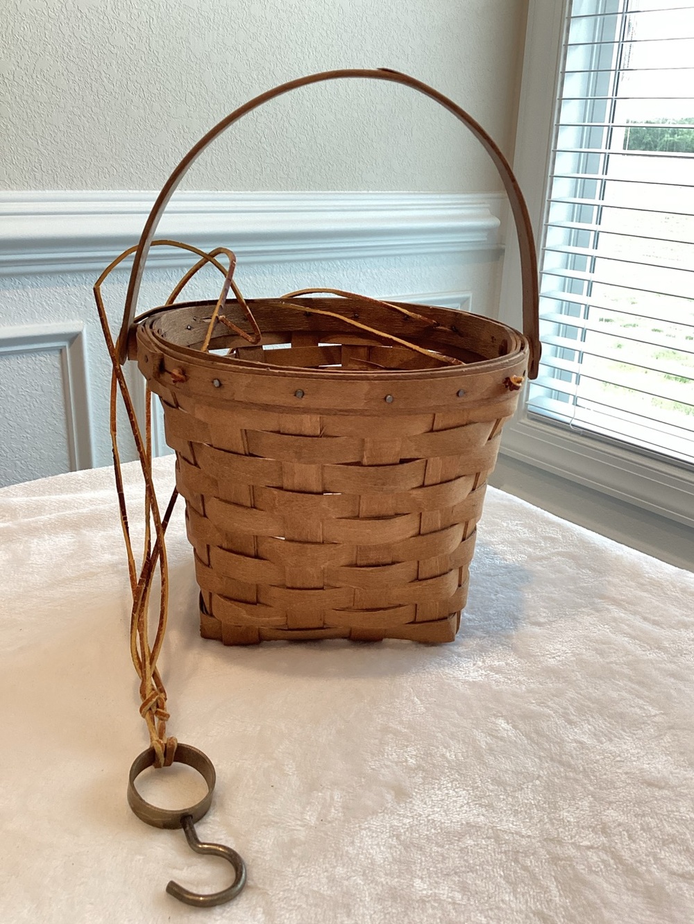 Vintage Nineteenth Century Handmade Hanging Basket with Leather Ties 8” Diameter